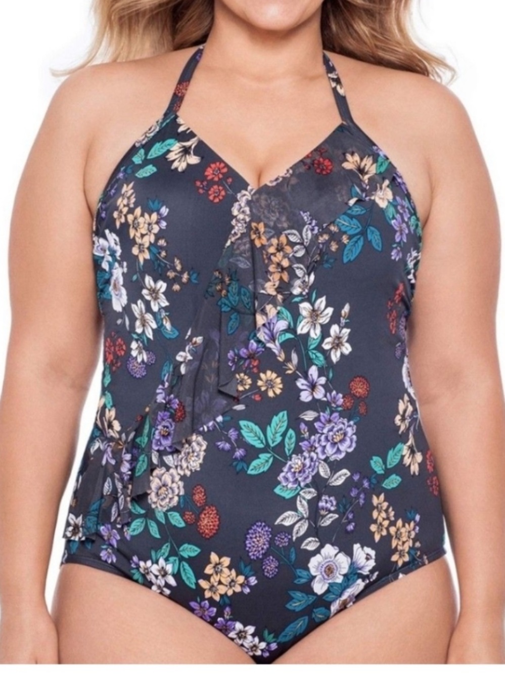Time and Tru Missy Black Floral One-Piece Swimsuit Size Large